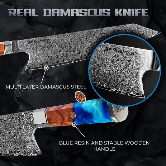 8-Inch Japanese Damascus Chef Knife, 67-Layer Steel, Ultra-Sharp High Carbon Blade with Resin Handle for Precision Chopping and Carving