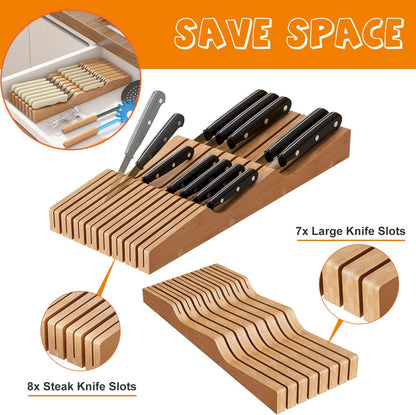 In-Drawer Knife Block Organizer - Bamboo Wood Drawer Knife Organizer-Protecting Knife Organizer Block (Not Included) (Natural, 7 Knives Dock)