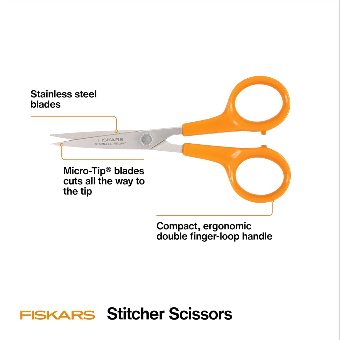 Premier No. 5 Micro-Tip Orange-Handled Fabric Scissors, Double Loop Handle, Sewing and Craft Scissors, Orange