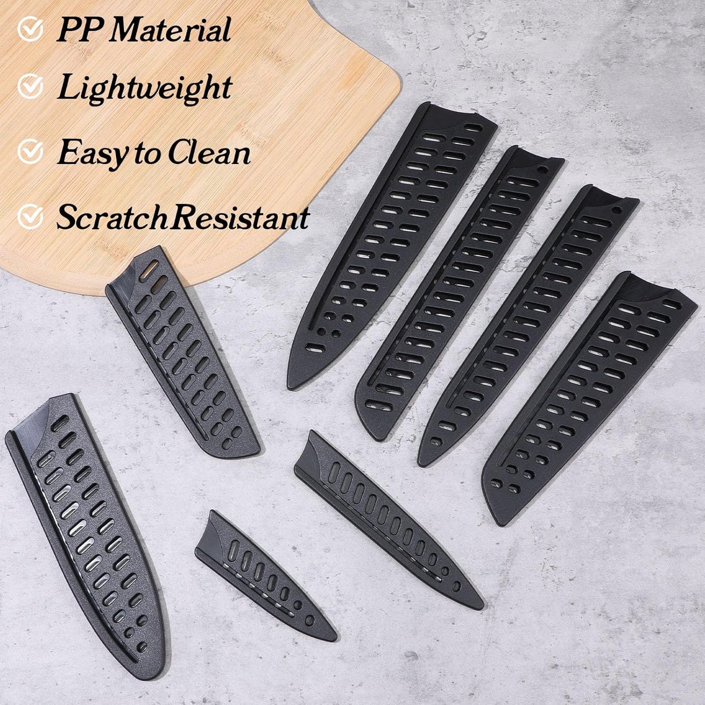 8pcs Kitchen Safety Knife Covers Knife Sheath Universal Knives Guards Set Sleeves Blade Protector Black Knives Sheath for Paring Utility Bread Carving Chef 8" 7" 6.5" 5.5" 5.3" 3.5"