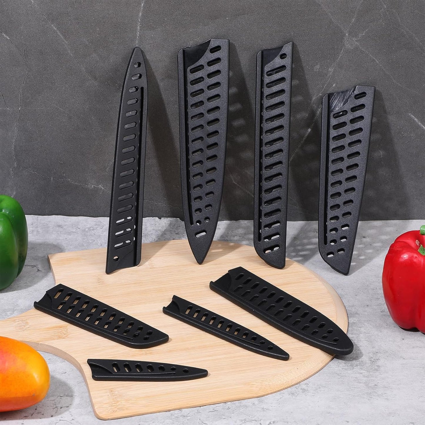 8pcs Kitchen Safety Knife Covers Knife Sheath Universal Knives Guards Set Sleeves Blade Protector Black Knives Sheath for Paring Utility Bread Carving Chef 8" 7" 6.5" 5.5" 5.3" 3.5"