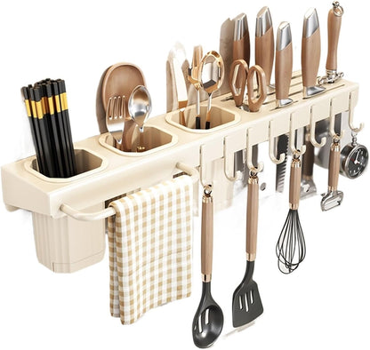 Wall Mounted Kitchen Organizer Knife and Cutlery Holder with Cooking Tools and Towel Hooks Space Saving Kitchen Storage Rack Heavy Duty, Easy to Install and Rust-Resistant(Gray)