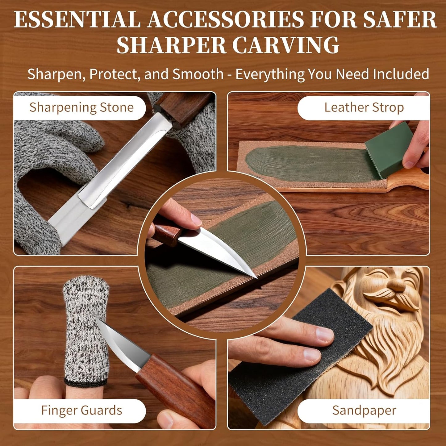 Wood Carving Kit, 32-Piece Professional Whittling & Carving Tool Set with Walnut Handle Knives, Detail Gouges, Sharpening Stone, Strop, Basswood Blanks and Gloves for Adult Hobbyists & Craft
