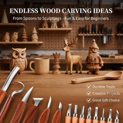 Wood Carving Kit, 32-Piece Professional Whittling & Carving Tool Set with Walnut Handle Knives, Detail Gouges, Sharpening Stone, Strop, Basswood Blanks and Gloves for Adult Hobbyists & Craft