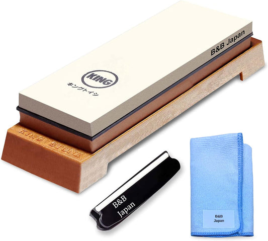 Whetstone Starter Set Include 1000/6000 Grit Combination Whetstone made in Japan, Knife Angle Holder, B&B Japan Original Wiping Cloth and Stable Plastic Base