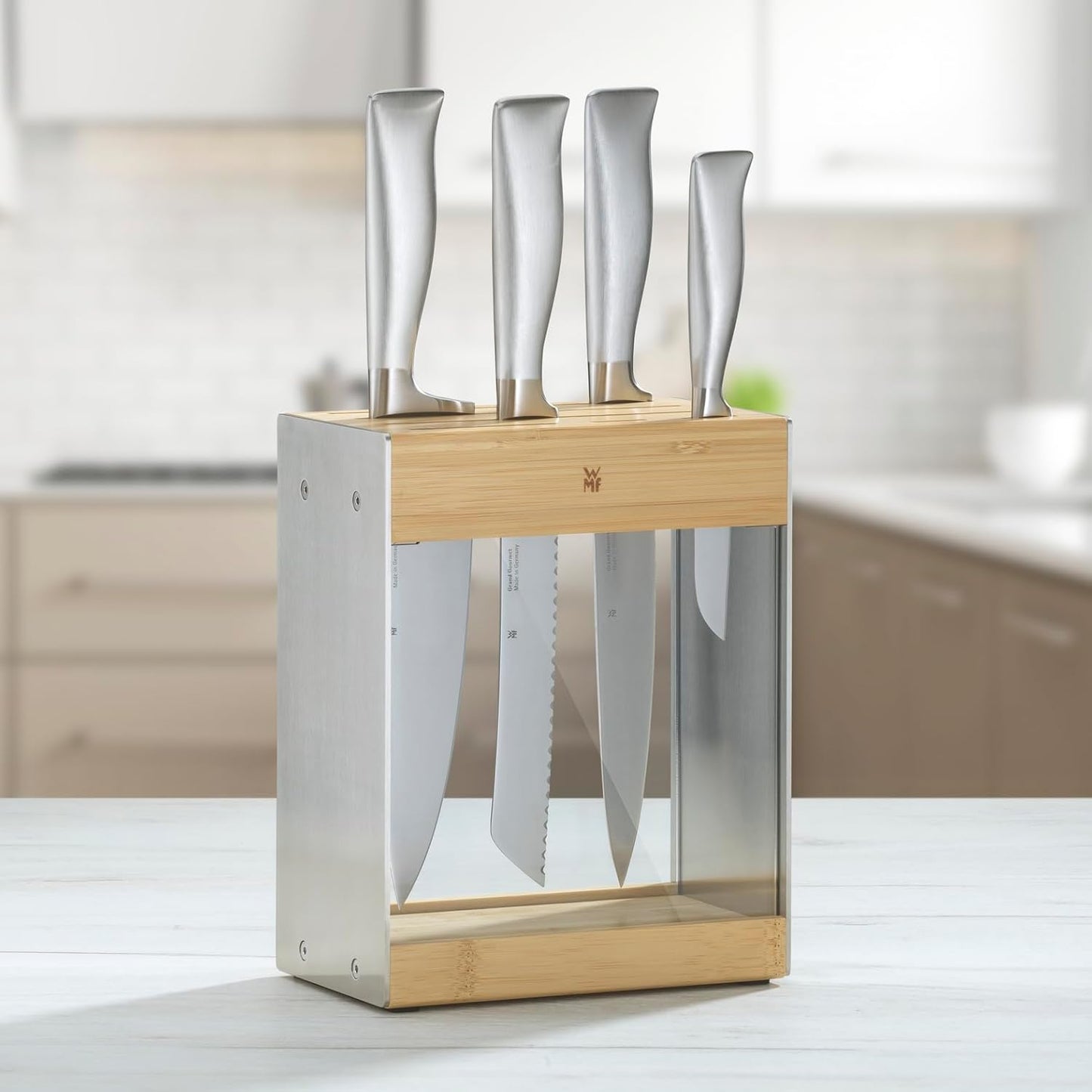 Knife Block Empty without Knife Flextec Insert, Bamboo Light, Bamboo Wood, High Performance Plastic, Suitable for up to 15 Kitchen Knives, Cromargan Stainless Steel