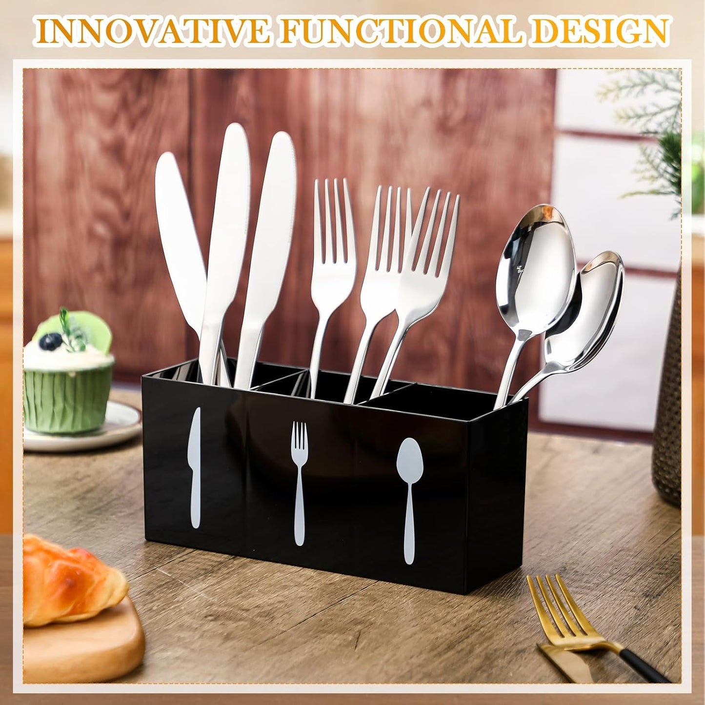 Acrylic Cutlery Storage Organizer Bin Silverware Caddy Countertop Knife Spoon and Fork Holder Kitchen 3 Section Tableware Storage Box for Cabinet Indoor Home Flatware Dining Room (Black,M)