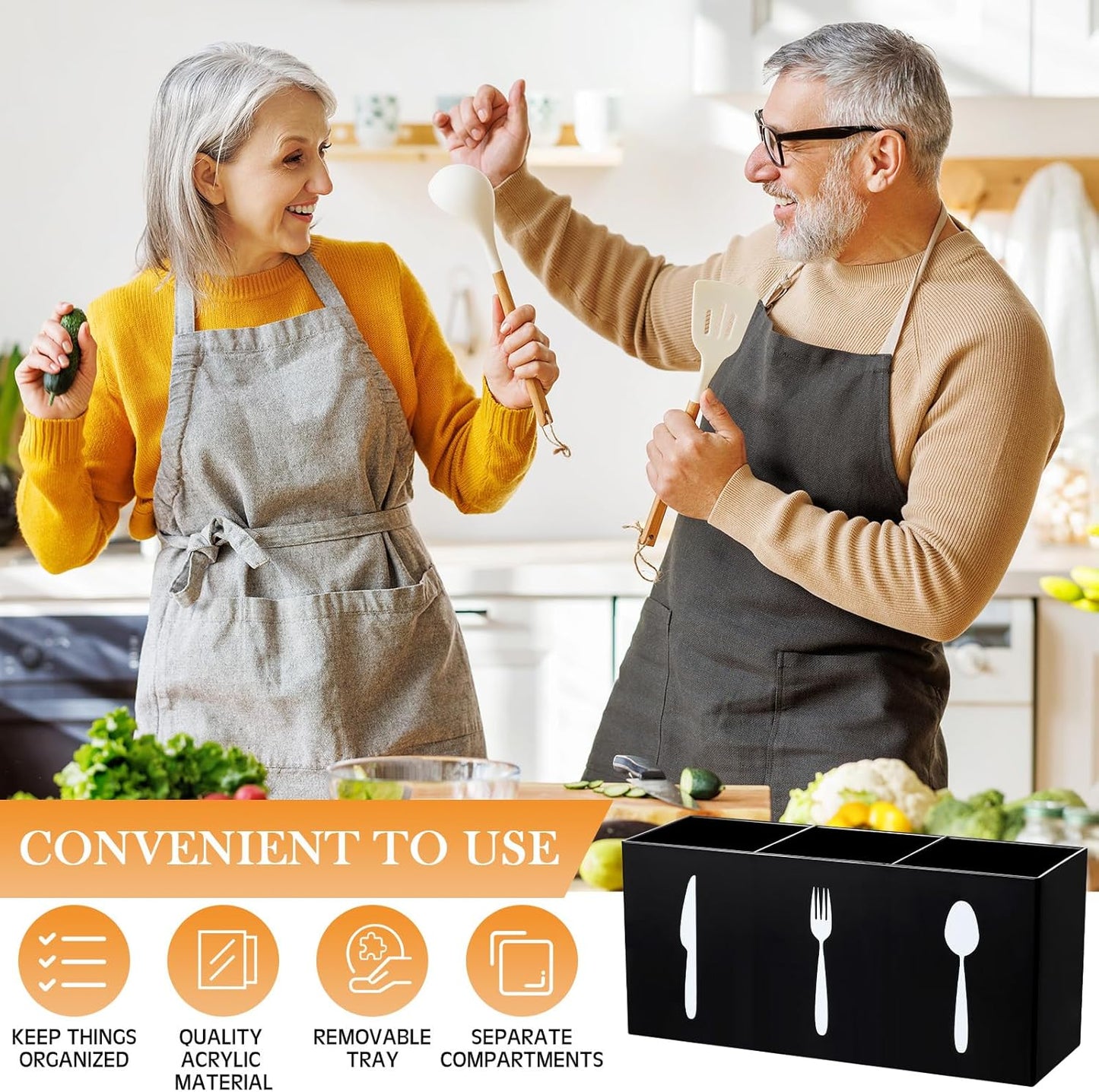 Acrylic Cutlery Storage Organizer Bin Silverware Caddy Countertop Knife Spoon and Fork Holder Kitchen 3 Section Tableware Storage Box for Cabinet Indoor Home Flatware Dining Room (Black,M)
