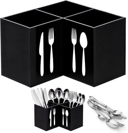 Acrylic Cutlery Storage Organizer Bin Silverware Caddy Countertop Knife Spoon and Fork Holder Kitchen 3 Section Tableware Storage Box for Cabinet Indoor Home Flatware Dining Room (Black,M)