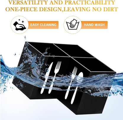 Acrylic Cutlery Storage Organizer Bin Silverware Caddy Countertop Knife Spoon and Fork Holder Kitchen 3 Section Tableware Storage Box for Cabinet Indoor Home Flatware Dining Room (Black,M)