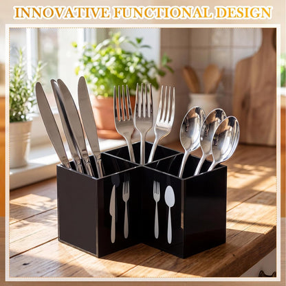 Acrylic Cutlery Storage Organizer Bin Silverware Caddy Countertop Knife Spoon and Fork Holder Kitchen 3 Section Tableware Storage Box for Cabinet Indoor Home Flatware Dining Room (Black,M)