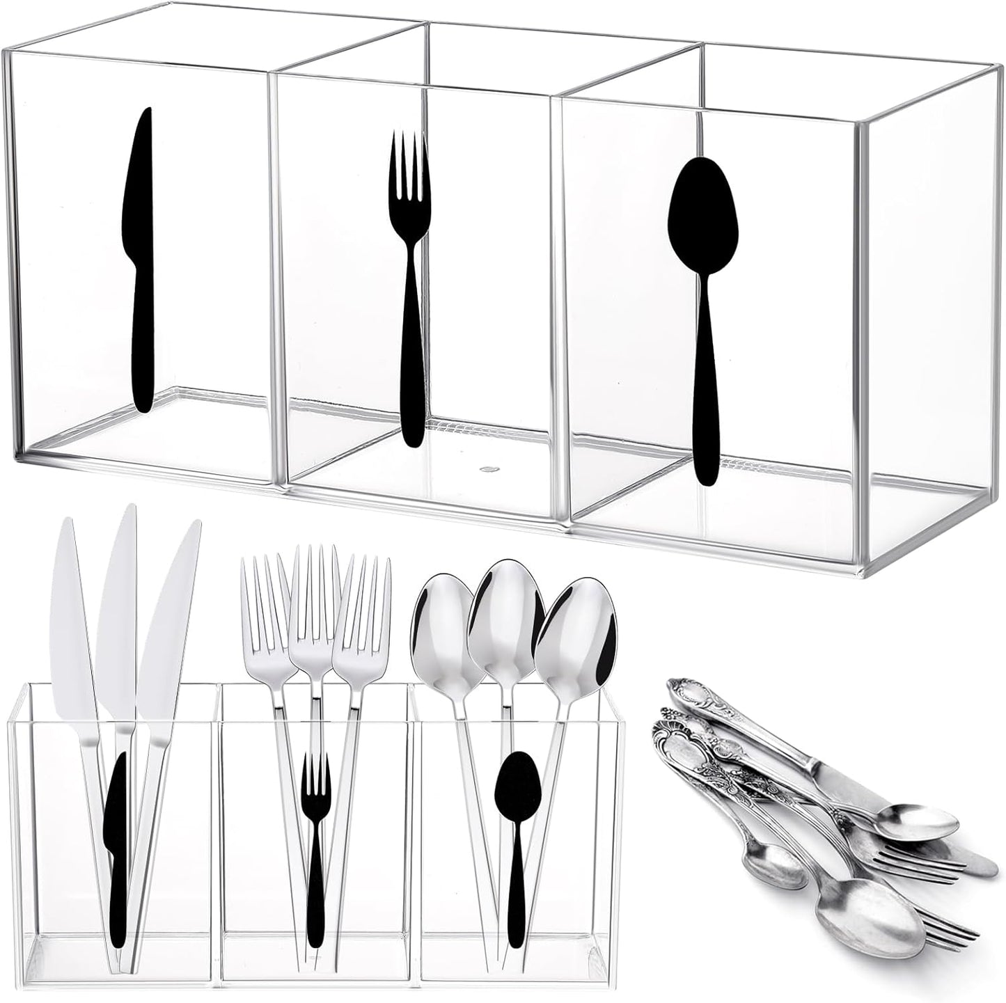 Acrylic Cutlery Storage Organizer Bin Silverware Caddy Countertop Knife Spoon and Fork Holder Kitchen 3 Section Tableware Storage Box for Cabinet Indoor Home Flatware Dining Room (Black,M)