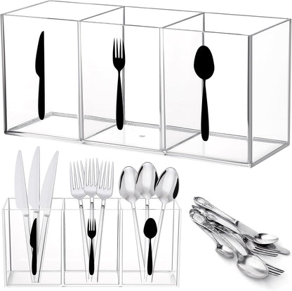 Acrylic Cutlery Storage Organizer Bin Silverware Caddy Countertop Knife Spoon and Fork Holder Kitchen 3 Section Tableware Storage Box for Cabinet Indoor Home Flatware Dining Room (Black,M)