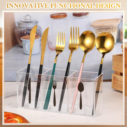 Acrylic Cutlery Storage Organizer Bin Silverware Caddy Countertop Knife Spoon and Fork Holder Kitchen 3 Section Tableware Storage Box for Cabinet Indoor Home Flatware Dining Room (Black,M)