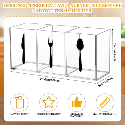Acrylic Cutlery Storage Organizer Bin Silverware Caddy Countertop Knife Spoon and Fork Holder Kitchen 3 Section Tableware Storage Box for Cabinet Indoor Home Flatware Dining Room (Black,M)