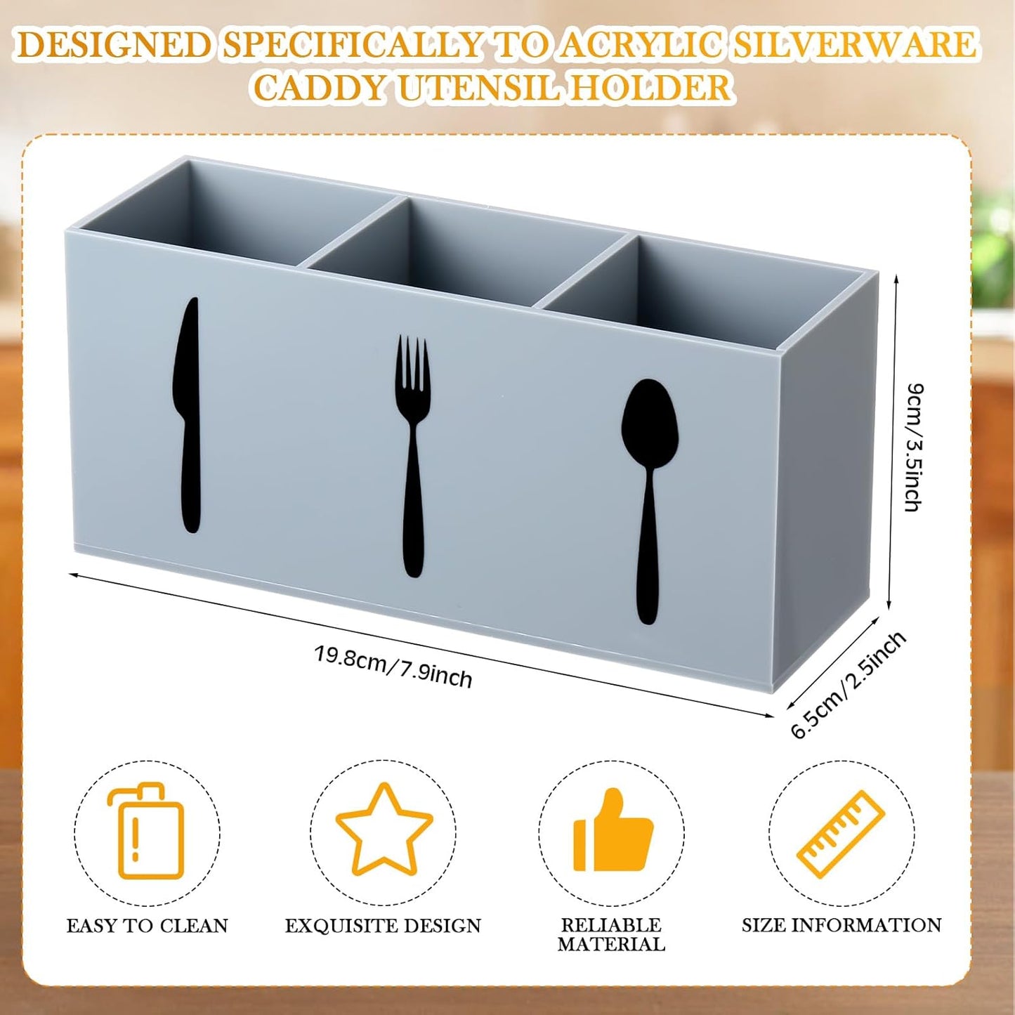 Acrylic Cutlery Storage Organizer Bin Silverware Caddy Countertop Knife Spoon and Fork Holder Kitchen 3 Section Tableware Storage Box for Cabinet Indoor Home Flatware Dining Room (Black,M)