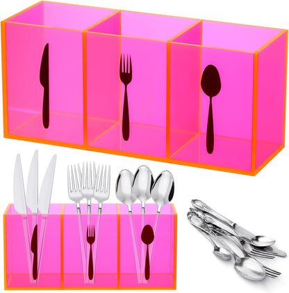 Acrylic Cutlery Storage Organizer Bin Silverware Caddy Countertop Knife Spoon and Fork Holder Kitchen 3 Section Tableware Storage Box for Cabinet Indoor Home Flatware Dining Room (Black,M)