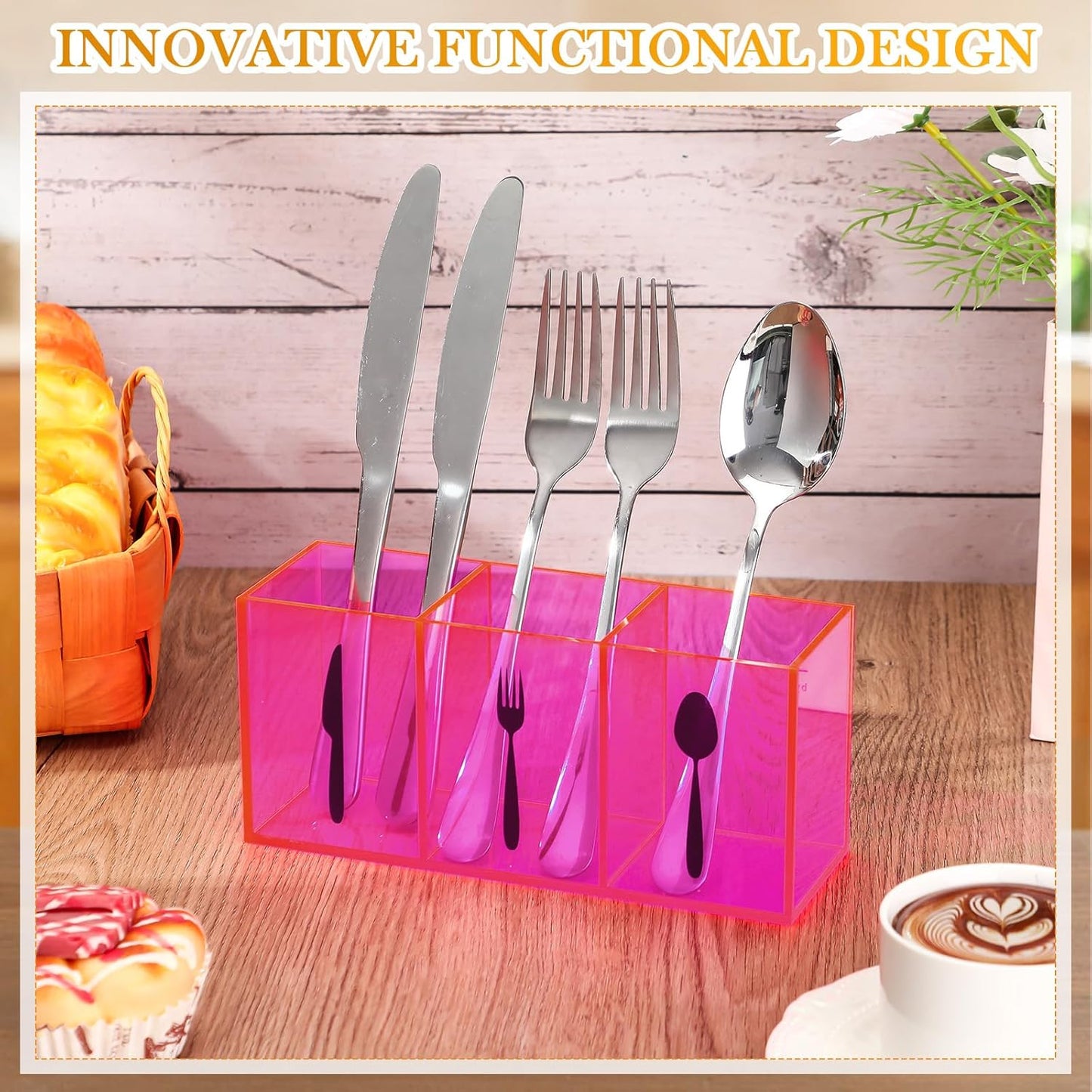 Acrylic Cutlery Storage Organizer Bin Silverware Caddy Countertop Knife Spoon and Fork Holder Kitchen 3 Section Tableware Storage Box for Cabinet Indoor Home Flatware Dining Room (Black,M)