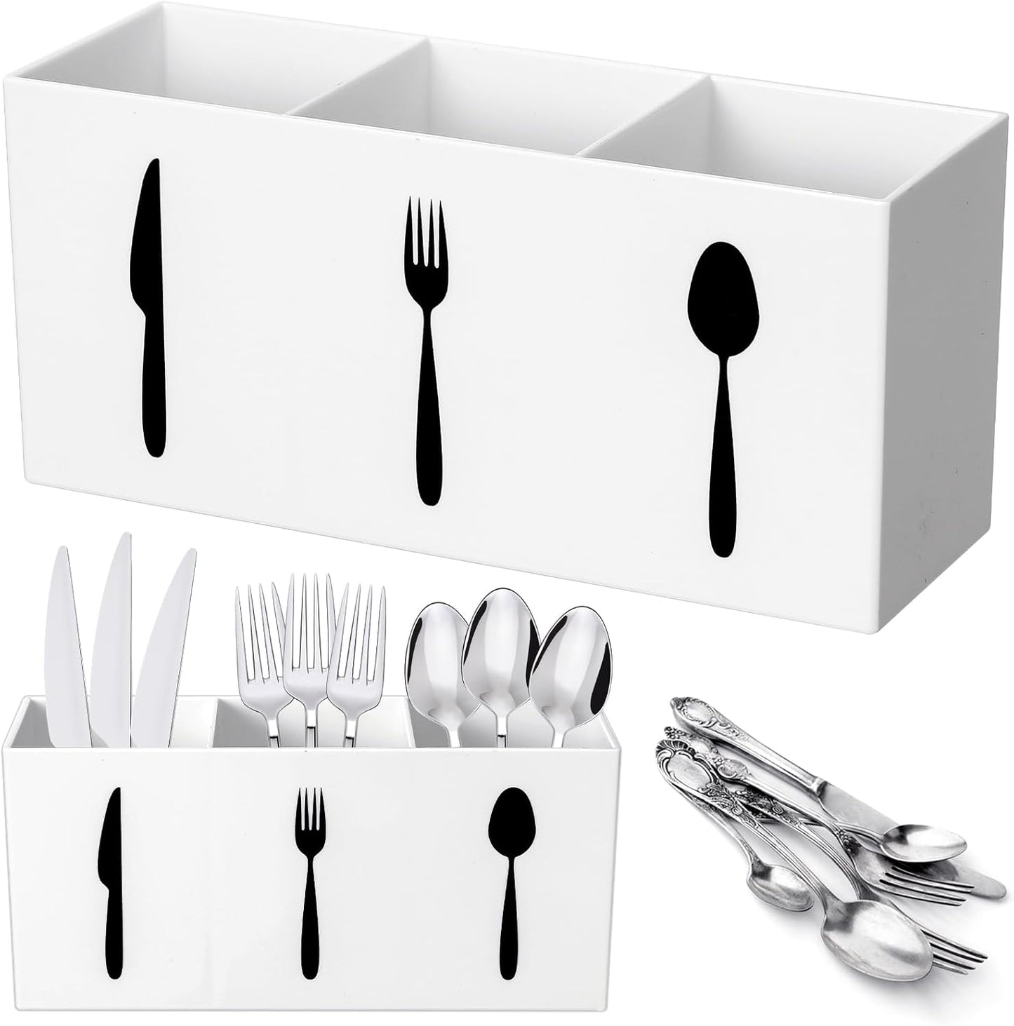 Acrylic Cutlery Storage Organizer Bin Silverware Caddy Countertop Knife Spoon and Fork Holder Kitchen 3 Section Tableware Storage Box for Cabinet Indoor Home Flatware Dining Room (Black,M)