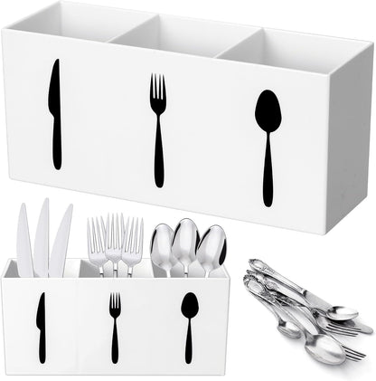 Acrylic Cutlery Storage Organizer Bin Silverware Caddy Countertop Knife Spoon and Fork Holder Kitchen 3 Section Tableware Storage Box for Cabinet Indoor Home Flatware Dining Room (Black,M)