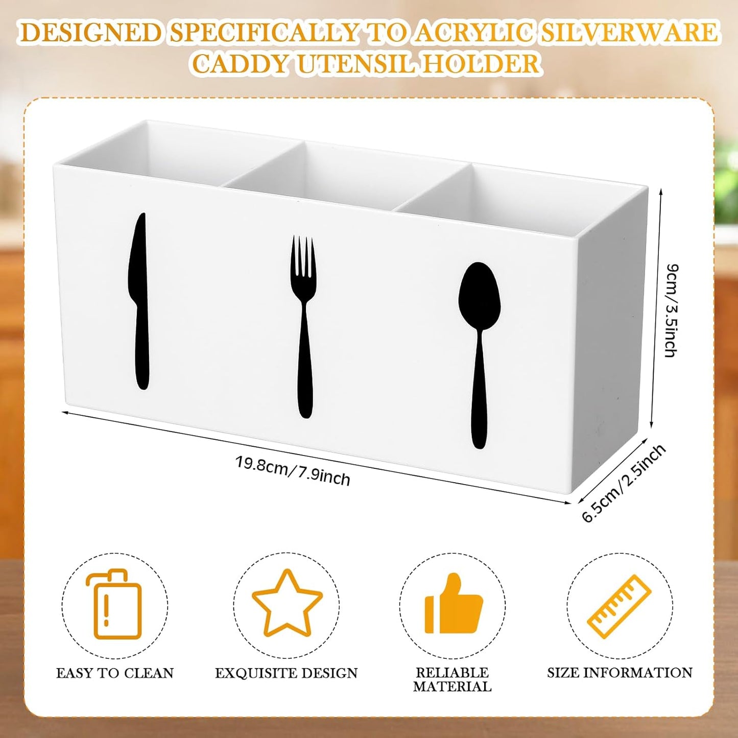 Acrylic Cutlery Storage Organizer Bin Silverware Caddy Countertop Knife Spoon and Fork Holder Kitchen 3 Section Tableware Storage Box for Cabinet Indoor Home Flatware Dining Room (Black,M)