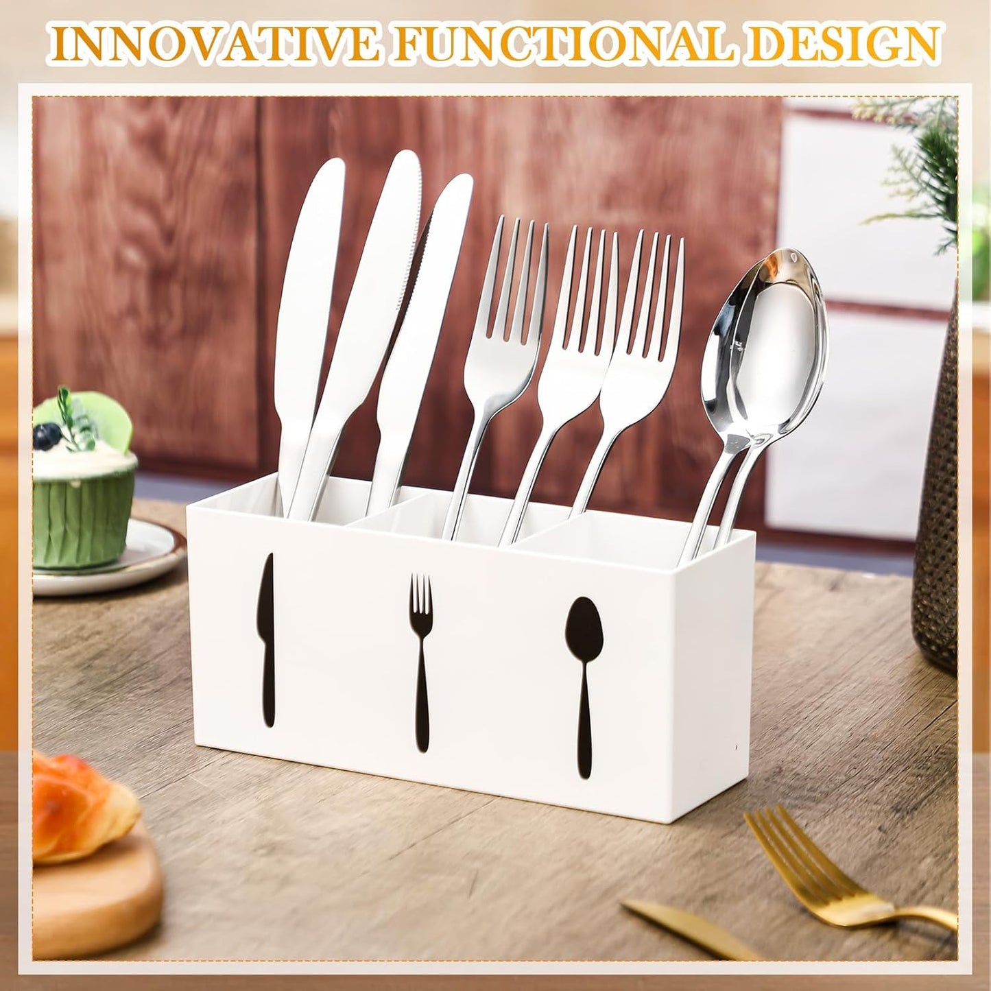Acrylic Cutlery Storage Organizer Bin Silverware Caddy Countertop Knife Spoon and Fork Holder Kitchen 3 Section Tableware Storage Box for Cabinet Indoor Home Flatware Dining Room (Black,M)