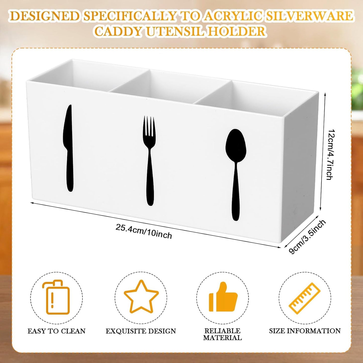 Acrylic Cutlery Storage Organizer Bin Silverware Caddy Countertop Knife Spoon and Fork Holder Kitchen 3 Section Tableware Storage Box for Cabinet Indoor Home Flatware Dining Room (Black,M)