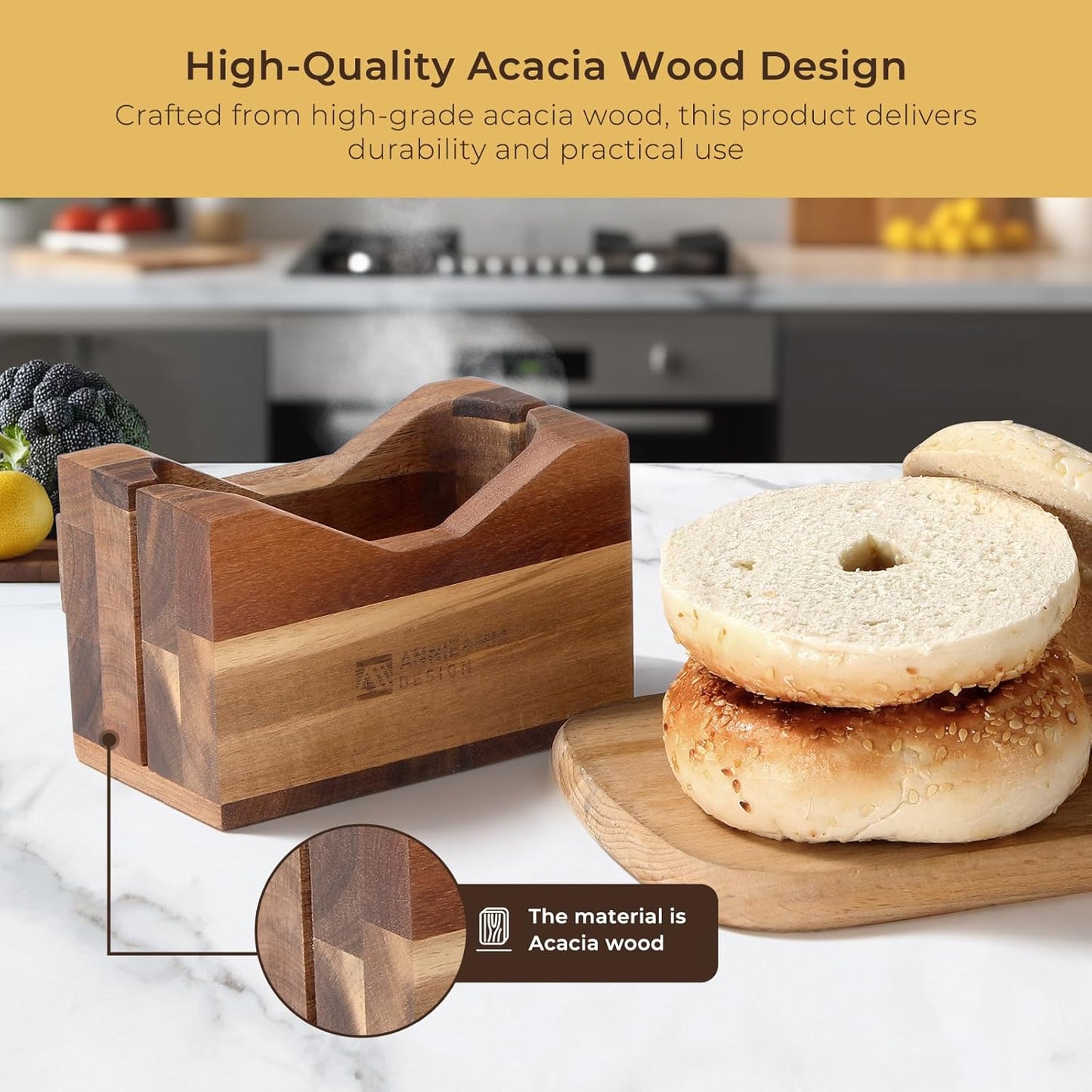 Premium Acacia Wood Bagel Slicer For Large Bagel Stylish Hand Crafted Wood Bagel Cutter With Ergonomic Designed Handle Grip
