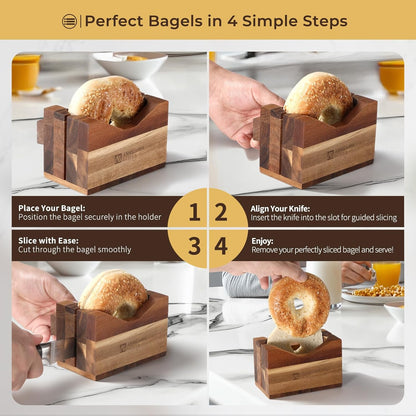 Premium Acacia Wood Bagel Slicer For Large Bagel Stylish Hand Crafted Wood Bagel Cutter With Ergonomic Designed Handle Grip