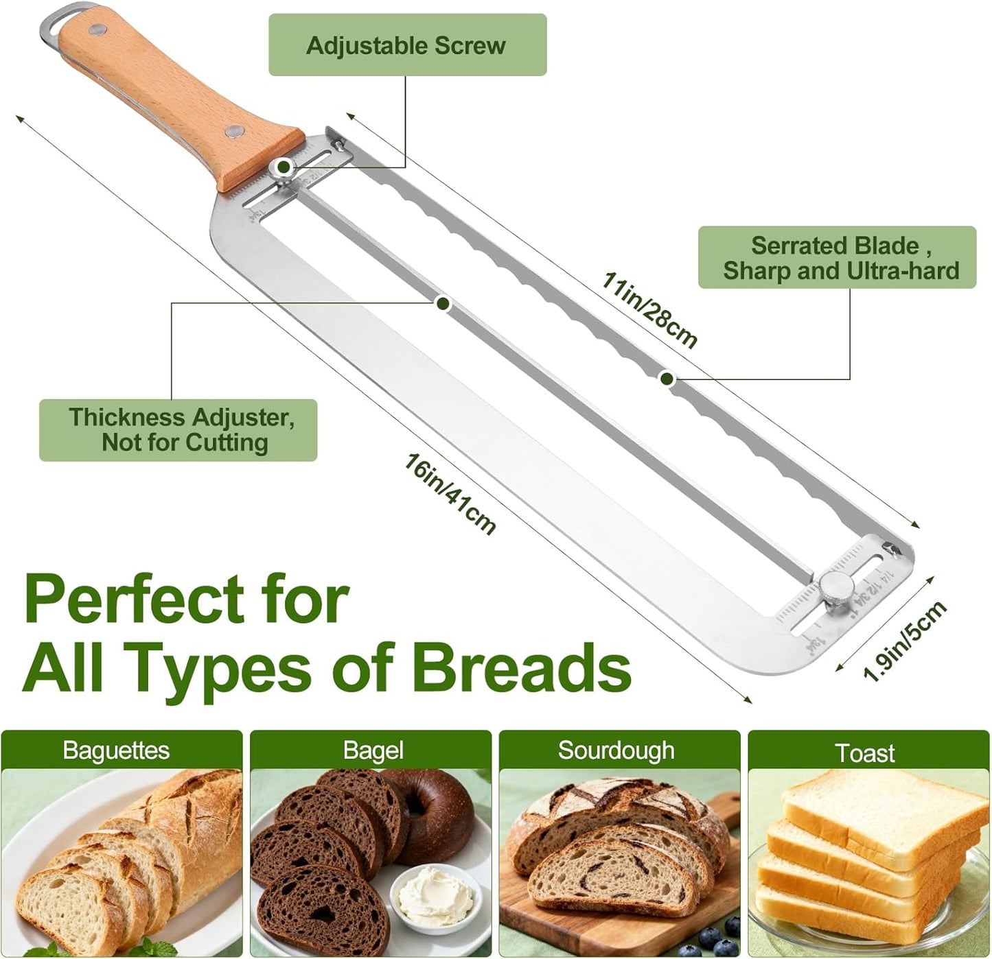 Adjustable Bread Slicer for Homemade Bread New Manual Sourdough Bread Knife | Bread Bow Cutter with Thickness Guide Stainless Steel Serrated Blade for Baguettes Bagels, Ideal Gift for Baker