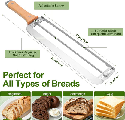 Adjustable Bread Slicer for Homemade Bread New Manual Sourdough Bread Knife | Bread Bow Cutter with Thickness Guide Stainless Steel Serrated Blade for Baguettes Bagels, Ideal Gift for Baker