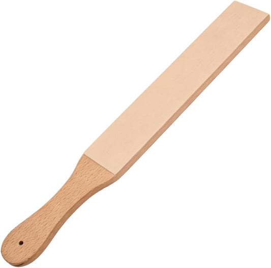14.96 x 1.97 Inch Leather Honing Strop Sharpener Small Double-sided Beech Wood Leather Strop with Ergonomic Handle Block Polishing Woodcarving Tools for Knife Sharpening Polish