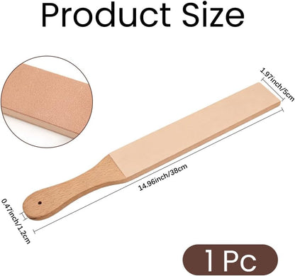 14.96 x 1.97 Inch Leather Honing Strop Sharpener Small Double-sided Beech Wood Leather Strop with Ergonomic Handle Block Polishing Woodcarving Tools for Knife Sharpening Polish