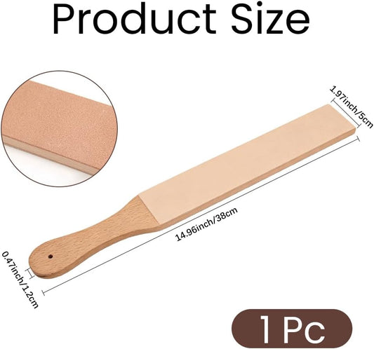 14.96 x 1.97 Inch Leather Honing Strop Sharpener Small Double-sided Beech Wood Leather Strop with Ergonomic Handle Block Polishing Woodcarving Tools for Knife Sharpening Polish