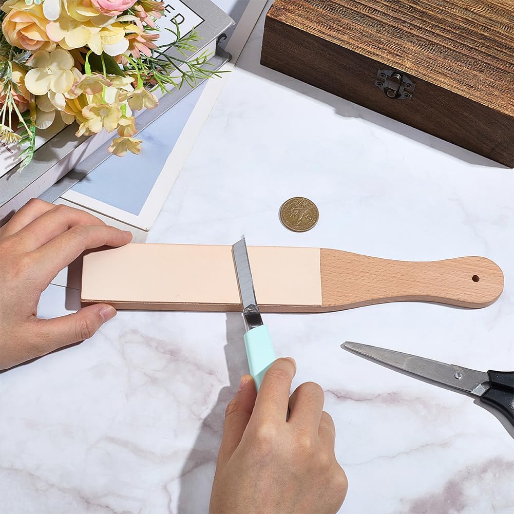 14.96 x 1.97 Inch Leather Honing Strop Sharpener Small Double-sided Beech Wood Leather Strop with Ergonomic Handle Block Polishing Woodcarving Tools for Knife Sharpening Polish