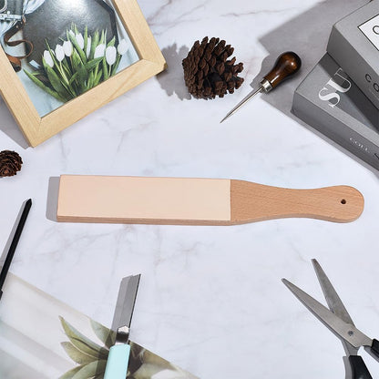 14.96 x 1.97 Inch Leather Honing Strop Sharpener Small Double-sided Beech Wood Leather Strop with Ergonomic Handle Block Polishing Woodcarving Tools for Knife Sharpening Polish