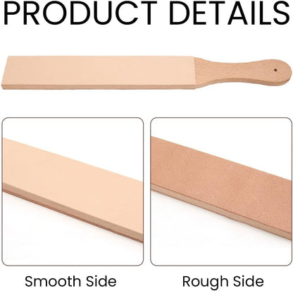 14.96 x 1.97 Inch Leather Honing Strop Sharpener Small Double-sided Beech Wood Leather Strop with Ergonomic Handle Block Polishing Woodcarving Tools for Knife Sharpening Polish
