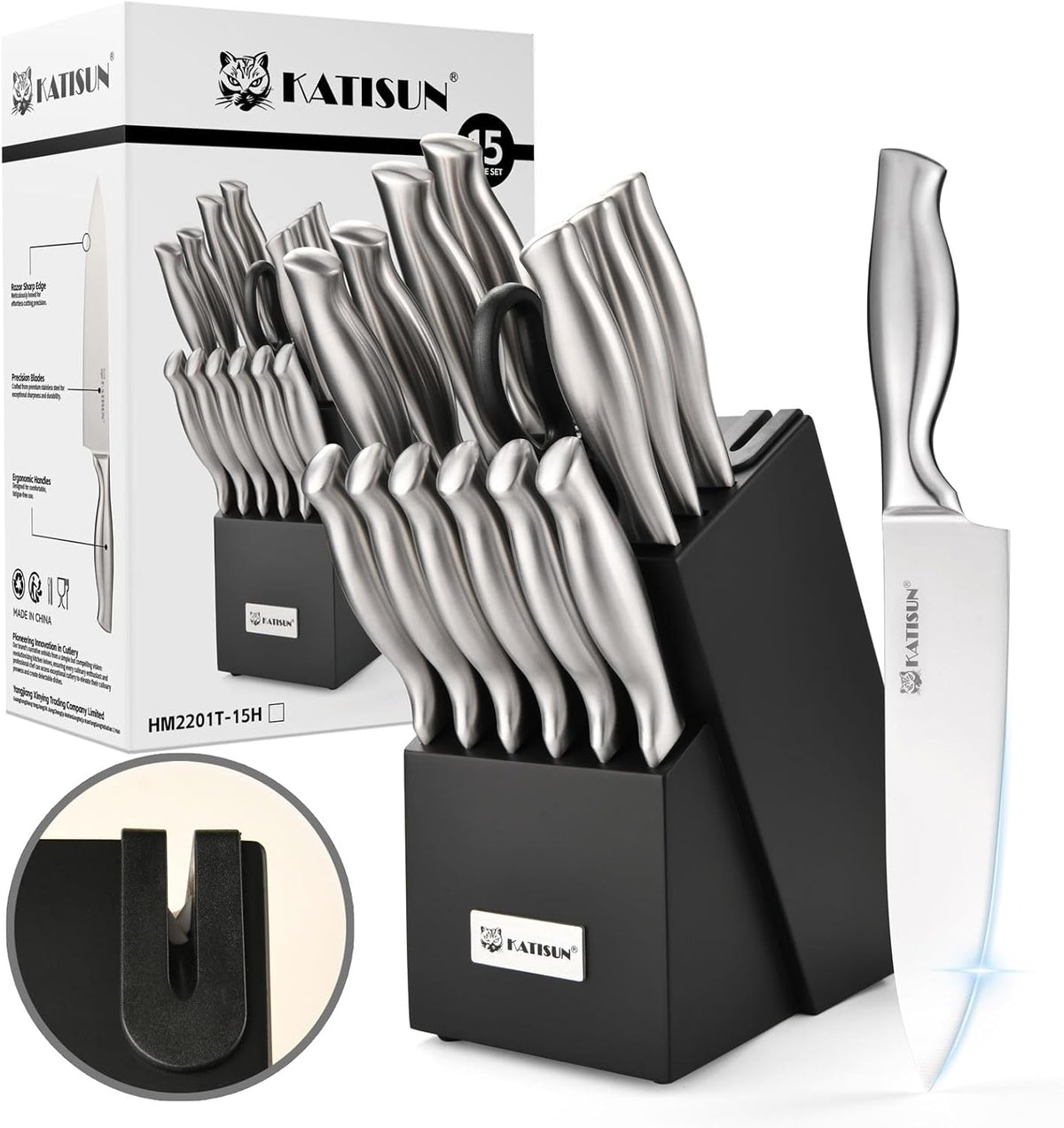 Knife Set, 15-Piece Kitchen Knife Block Sets with Built-in Sharpener, German Stainless Steel Knife Block Set, Dishwasher Safe