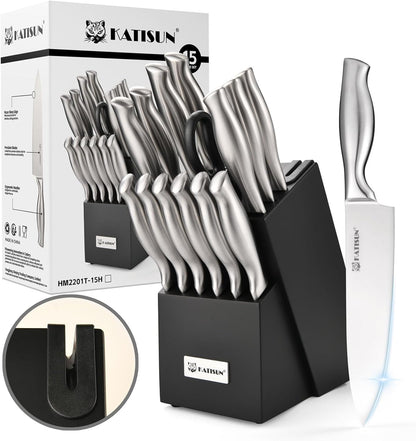 Knife Set, 15-Piece Kitchen Knife Block Sets with Built-in Sharpener, German Stainless Steel Knife Block Set, Dishwasher Safe