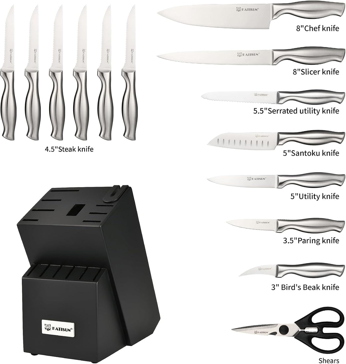 Knife Set, 15-Piece Kitchen Knife Block Sets with Built-in Sharpener, German Stainless Steel Knife Block Set, Dishwasher Safe