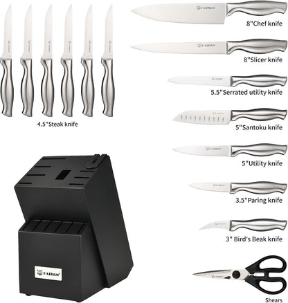Knife Set, 15-Piece Kitchen Knife Block Sets with Built-in Sharpener, German Stainless Steel Knife Block Set, Dishwasher Safe