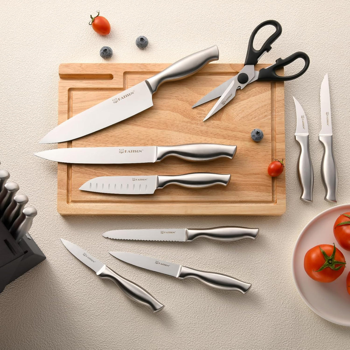 Knife Set, 15-Piece Kitchen Knife Block Sets with Built-in Sharpener, German Stainless Steel Knife Block Set, Dishwasher Safe