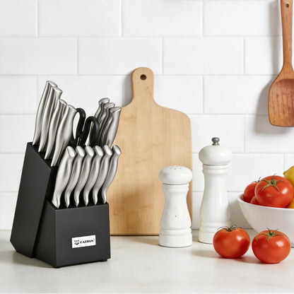 Knife Set, 15-Piece Kitchen Knife Block Sets with Built-in Sharpener, German Stainless Steel Knife Block Set, Dishwasher Safe