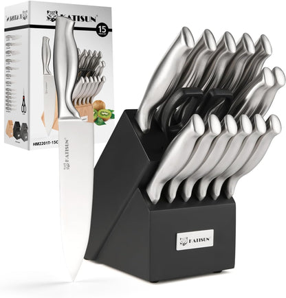 Knife Set, 15-Piece Kitchen Knife Block Sets with Built-in Sharpener, German Stainless Steel Knife Block Set, Dishwasher Safe