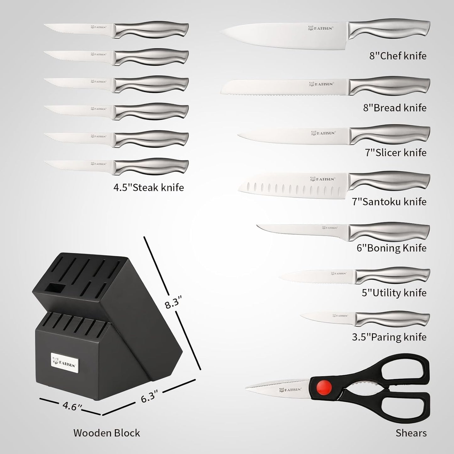 Knife Set, 15-Piece Kitchen Knife Block Sets with Built-in Sharpener, German Stainless Steel Knife Block Set, Dishwasher Safe