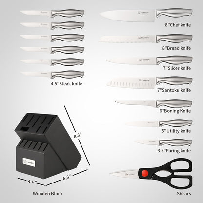 Knife Set, 15-Piece Kitchen Knife Block Sets with Built-in Sharpener, German Stainless Steel Knife Block Set, Dishwasher Safe