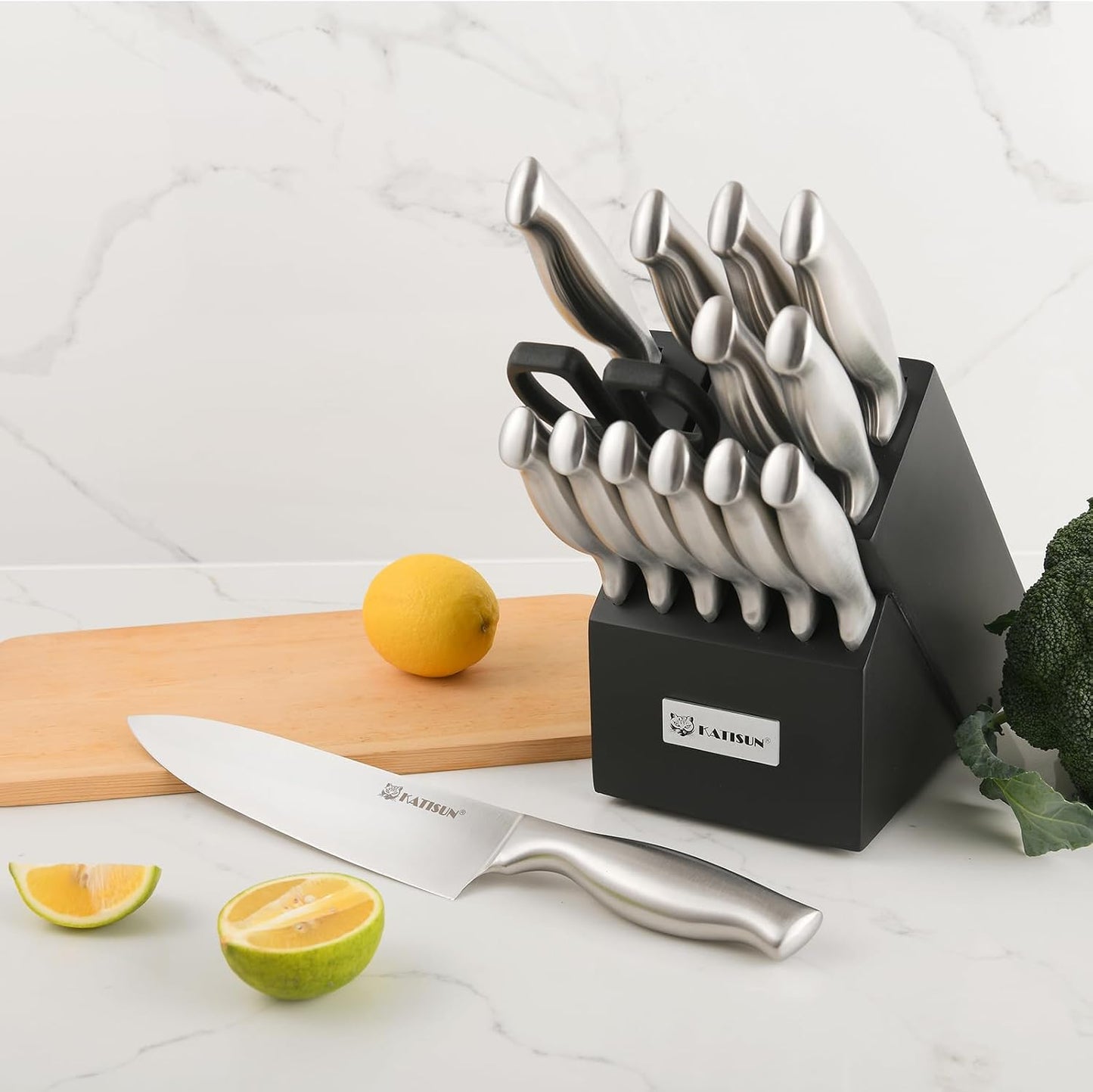 Knife Set, 15-Piece Kitchen Knife Block Sets with Built-in Sharpener, German Stainless Steel Knife Block Set, Dishwasher Safe