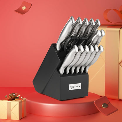 Knife Set, 15-Piece Kitchen Knife Block Sets with Built-in Sharpener, German Stainless Steel Knife Block Set, Dishwasher Safe