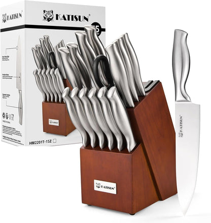 Knife Set, 15-Piece Kitchen Knife Block Sets with Built-in Sharpener, German Stainless Steel Knife Block Set, Dishwasher Safe