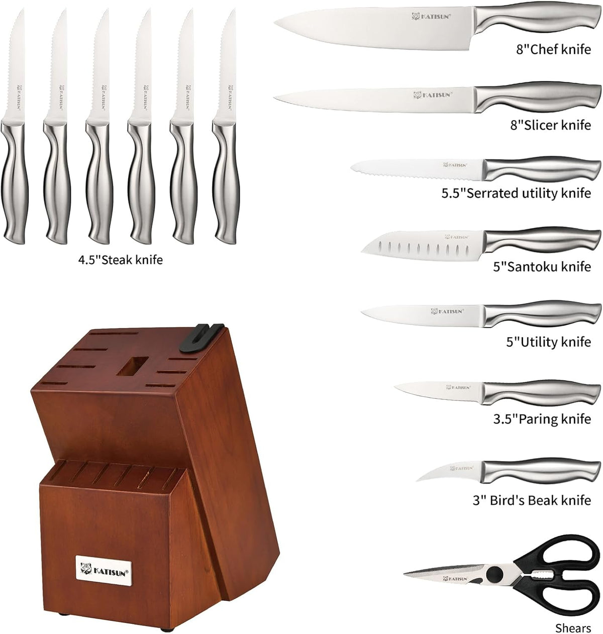 Knife Set, 15-Piece Kitchen Knife Block Sets with Built-in Sharpener, German Stainless Steel Knife Block Set, Dishwasher Safe
